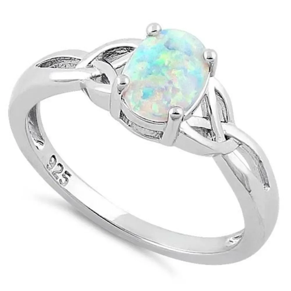 Sterling Silver Oval Celtic White Lab Opal Ring